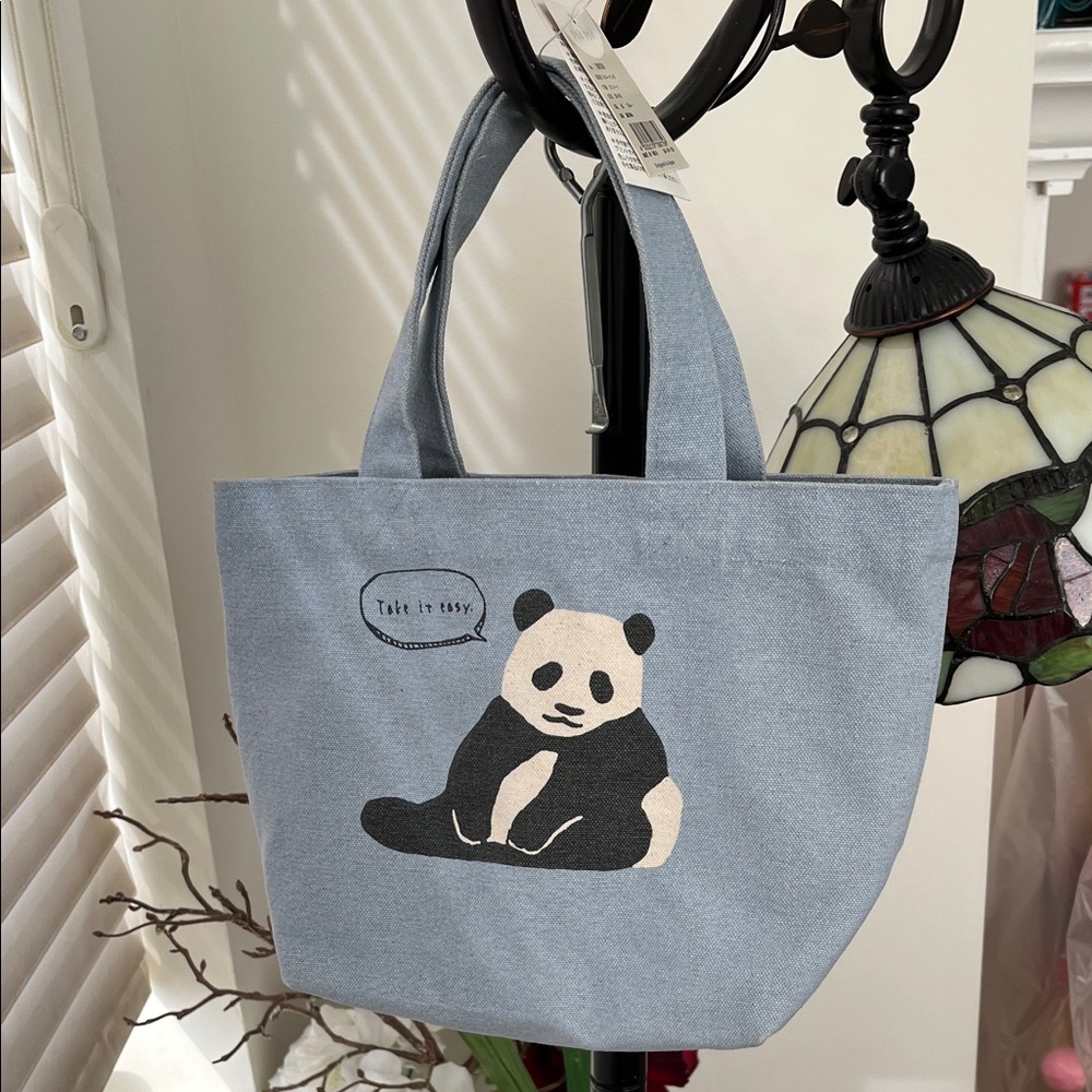 Blue Tote Bag with Panda Design 100% Cotton New